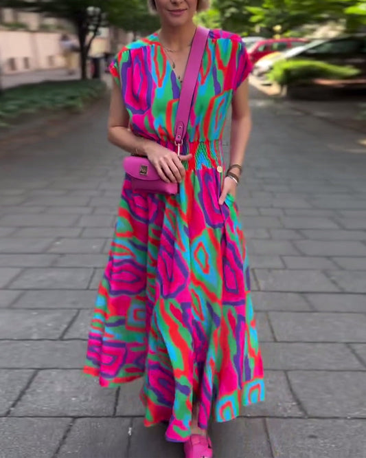 Maxi-abito con scollo a V, stampa colorata e maniche raglan