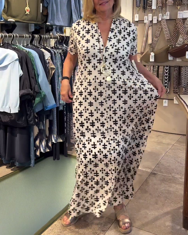 Maxi abito casual stampato con scollo a V e maniche corte