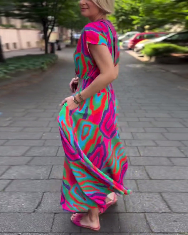 Maxi-abito con scollo a V, stampa colorata e maniche raglan