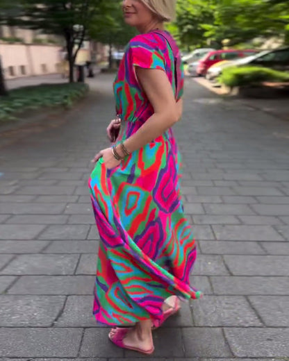 Maxi-abito con scollo a V, stampa colorata e maniche raglan