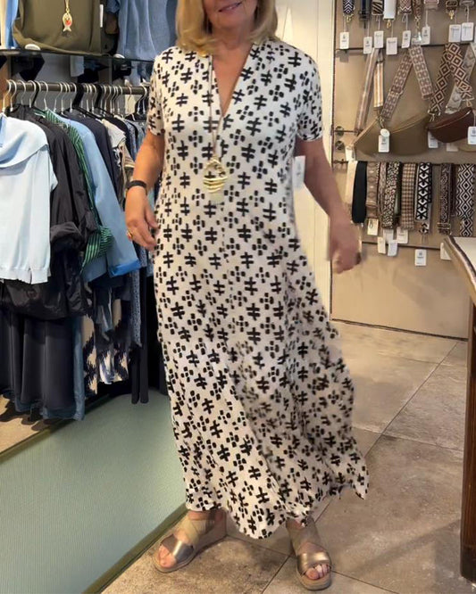 Maxi abito casual stampato con scollo a V e maniche corte