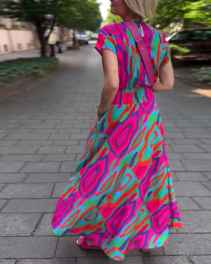 Maxi-abito con scollo a V, stampa colorata e maniche raglan